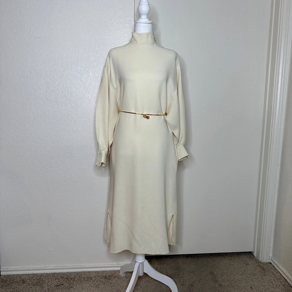 St John Long Sleeve Heavy Silk Georgette‎ Dress In Alabaster Women's S - Picture 4 of 12